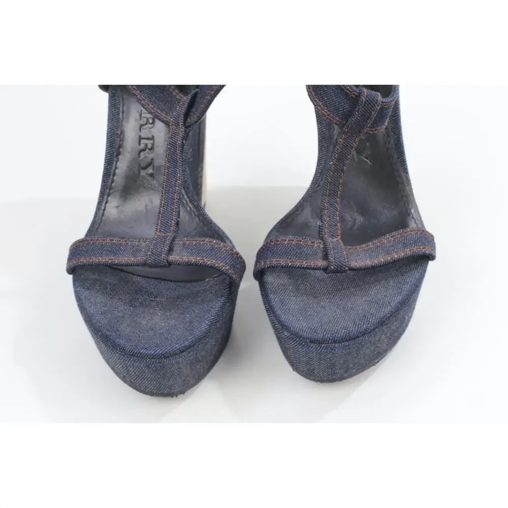 Burberry Navy Denim Buckle Ankle T-Strap Wedge Sandals Designer Shoes Size 38.5 - Picture 4 of 16